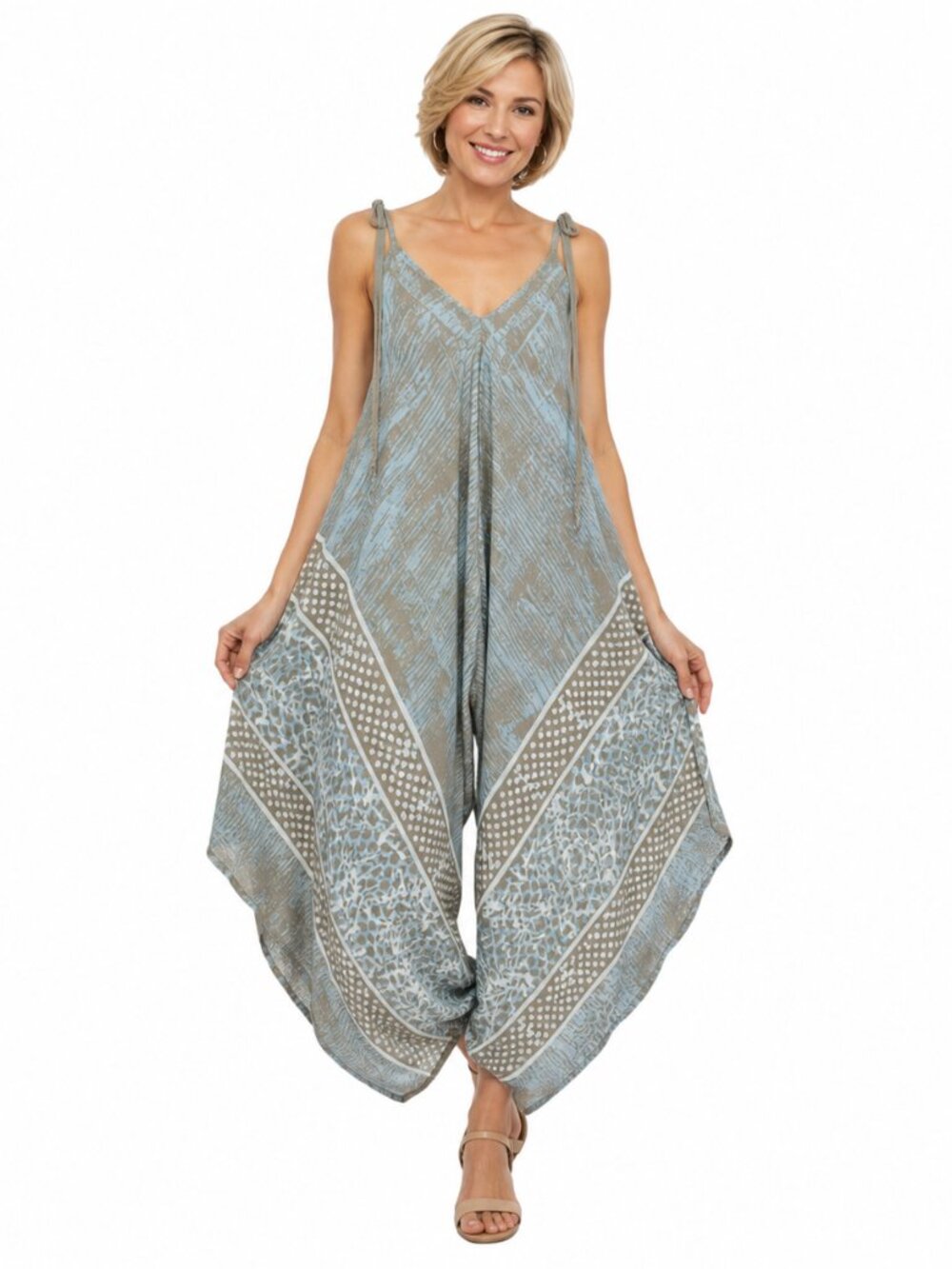 New Sacred Threads OS Sea Blue Gray Exotic Border Print Palazzo Rayon Jumpsuit